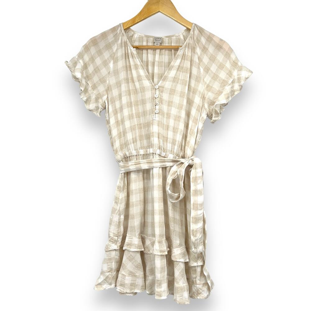 Loft Beach Gingham Tie Waist Dress Women’s XS Tan Flirty Dress Coastal Neutral
